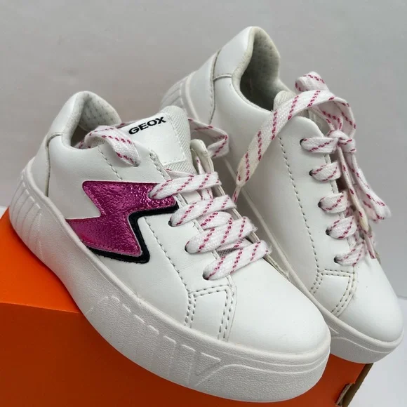 Geox Kids White Leather Sneakers with Pink Lightning Bolt with orthopedic insole - Picture 11 of 16